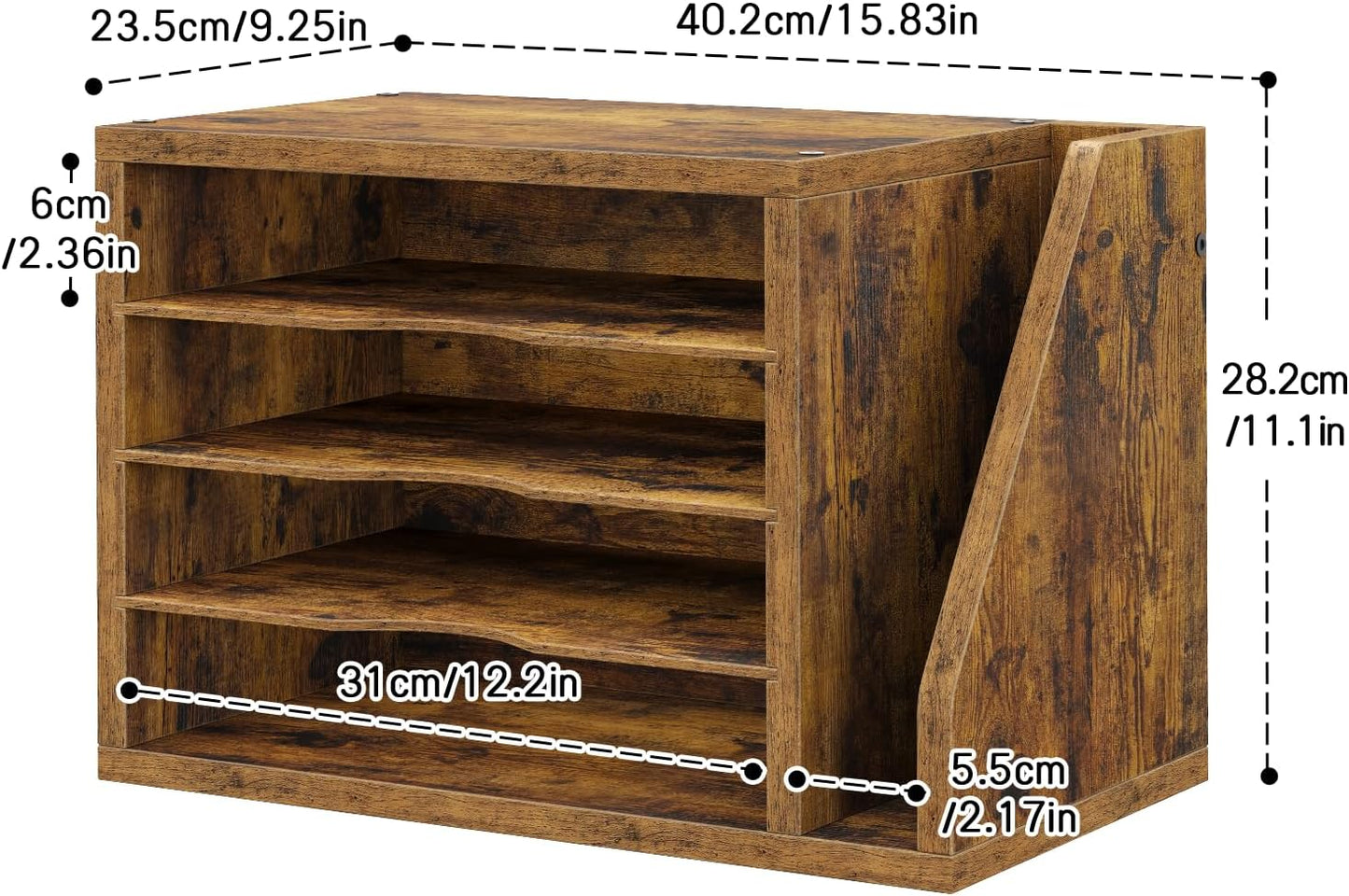 Mail Sorter, File Organizer Desktop, Wood Desk Organizer with 3 Adjustable Shelves, Mail Holder for Office, Home, Letter Sorter File Holders for Envelopes, Supplies Magazines, Rustic Brown