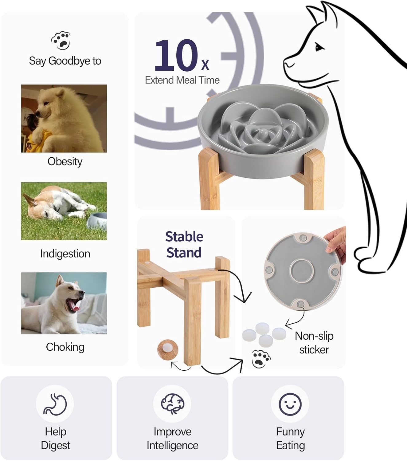 Grey Ceramic Dog Bowl Slow Feeder for Medium and Large Breed,Elevated/Raised 1.5 Cup 8.26 in Slow Feeding Bowl,Puzzle Dog Food Bowl for Fast Eater,Maze Dish for Fast Eater