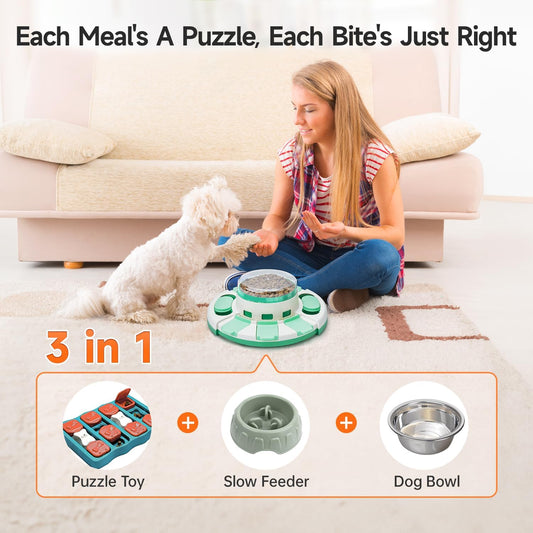Potaroma Dog Puzzle Toy 2 Levels, Slow Feeder, Pup Food Treat Feeding Dispenser for IQ Training and Entertainment for All Breeds (Green White)