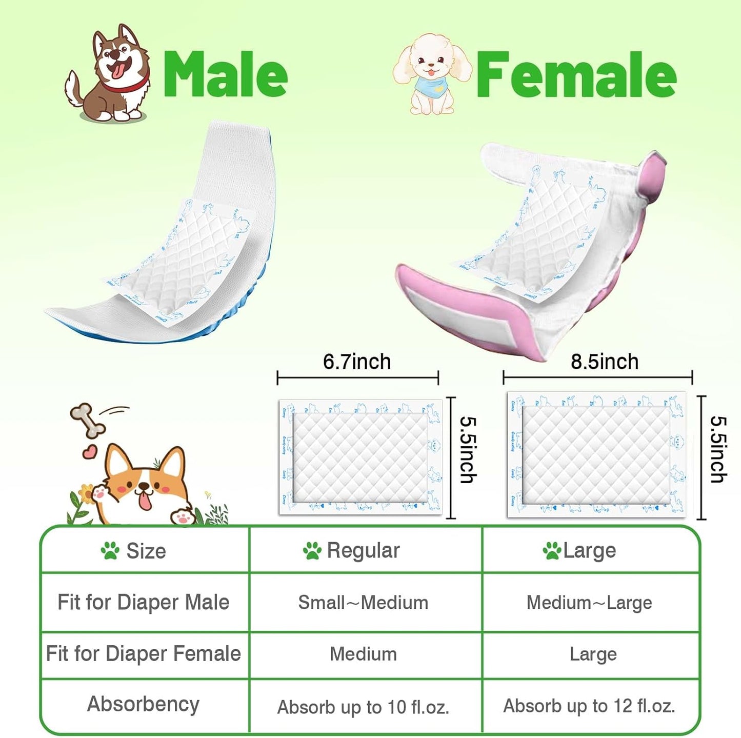 Dog Diaper Liners Booster Pads, 150ct Disposable Dog Diapers Inserts Male Female for Washable Doggie Belly Bands Wraps Covers Period Panties(Regular)