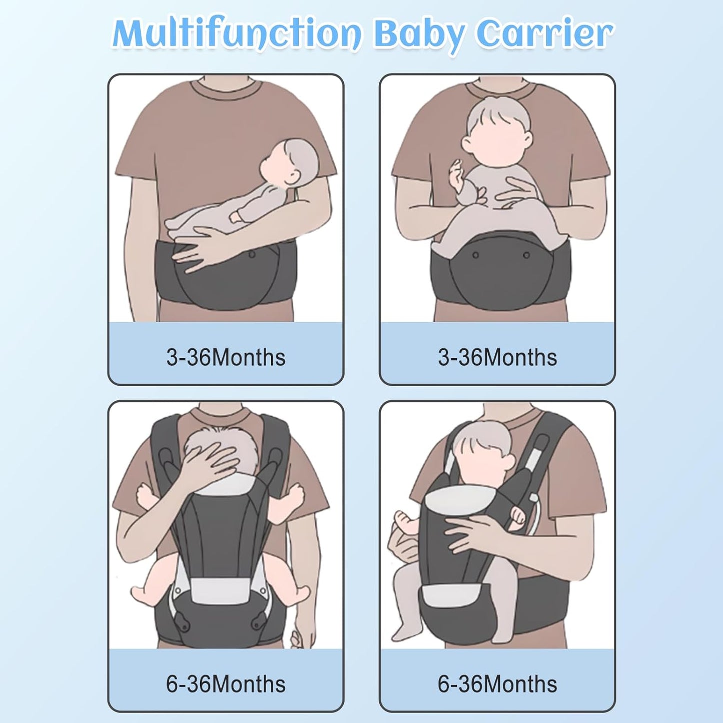 Baby Carrier with Hip Seat,Safety-Certified 2-in-1 Baby Carrier Newborn to Toddler, Adjustable Detachable Infant Hip Seat for Baby 44lbs, Comfortable Lightweight, Baby Bibs for Boys and Girls, Gray