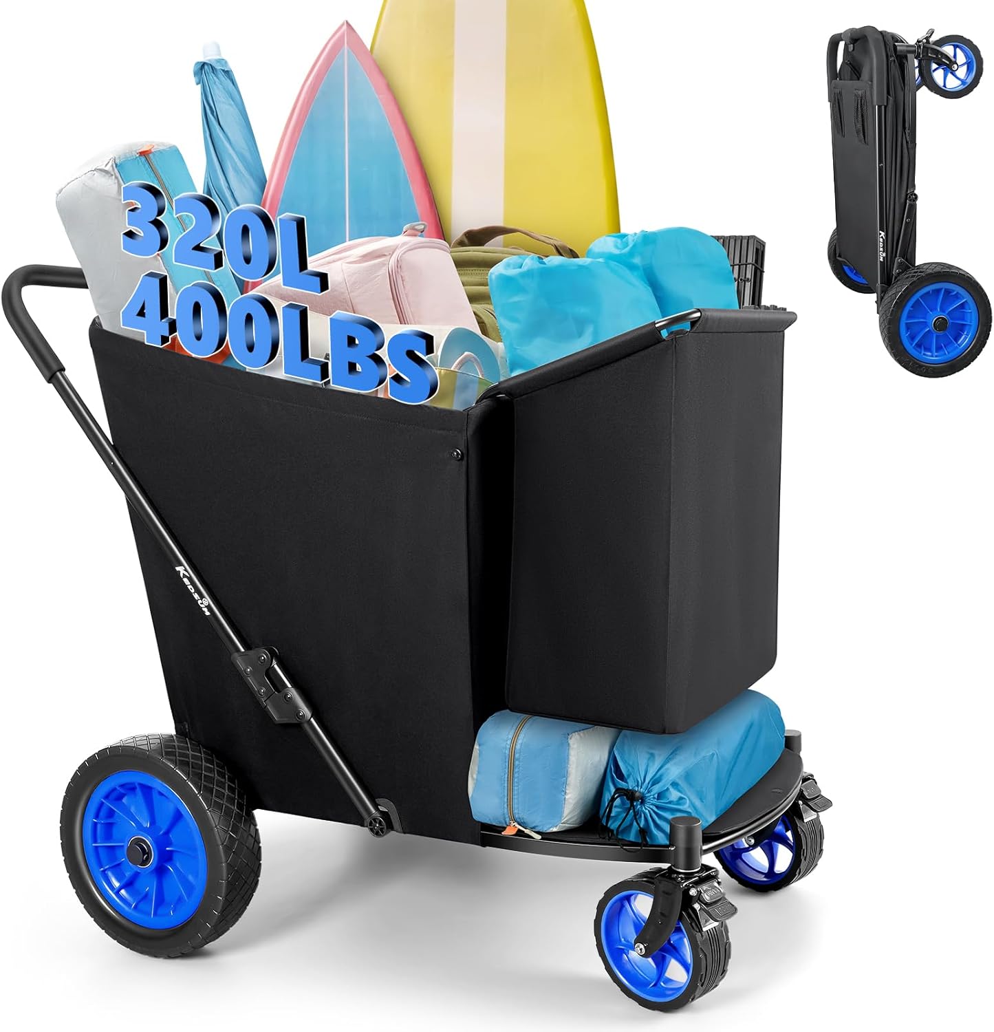 KEDSUM Beach Wagon with Big Wheels for Sand, 400LBS Heavy Duty Beach Cart with 12" All Terrain Rubber Wheels, 320L Large Capacity Collapsible Wagon for Garden Sports Camping Outdoor Activities