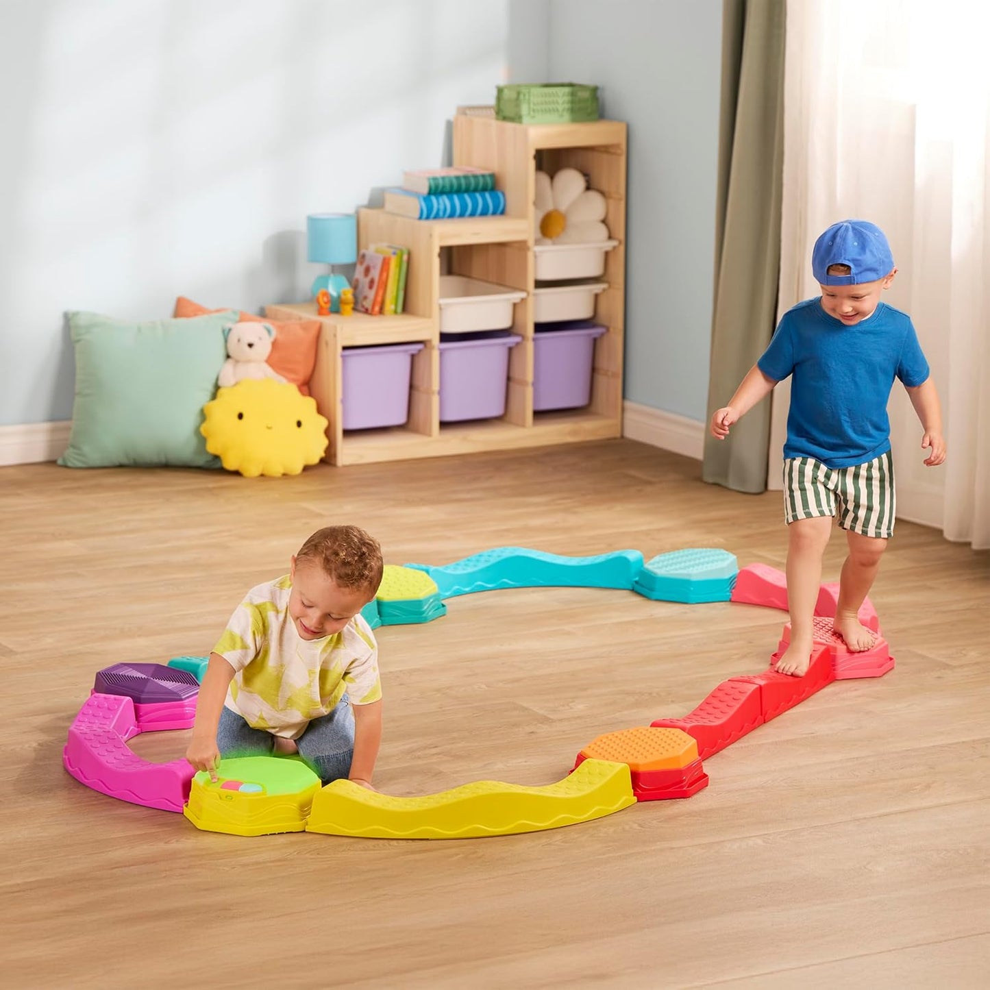 B. toys - Balance & Groove Set - Balance Beam for Kids - Musical Games & Activities - 5 Sensory Stones, 8 Wavy Beams & 1 Musical Pod - Indoor Active Play - 3 Years +