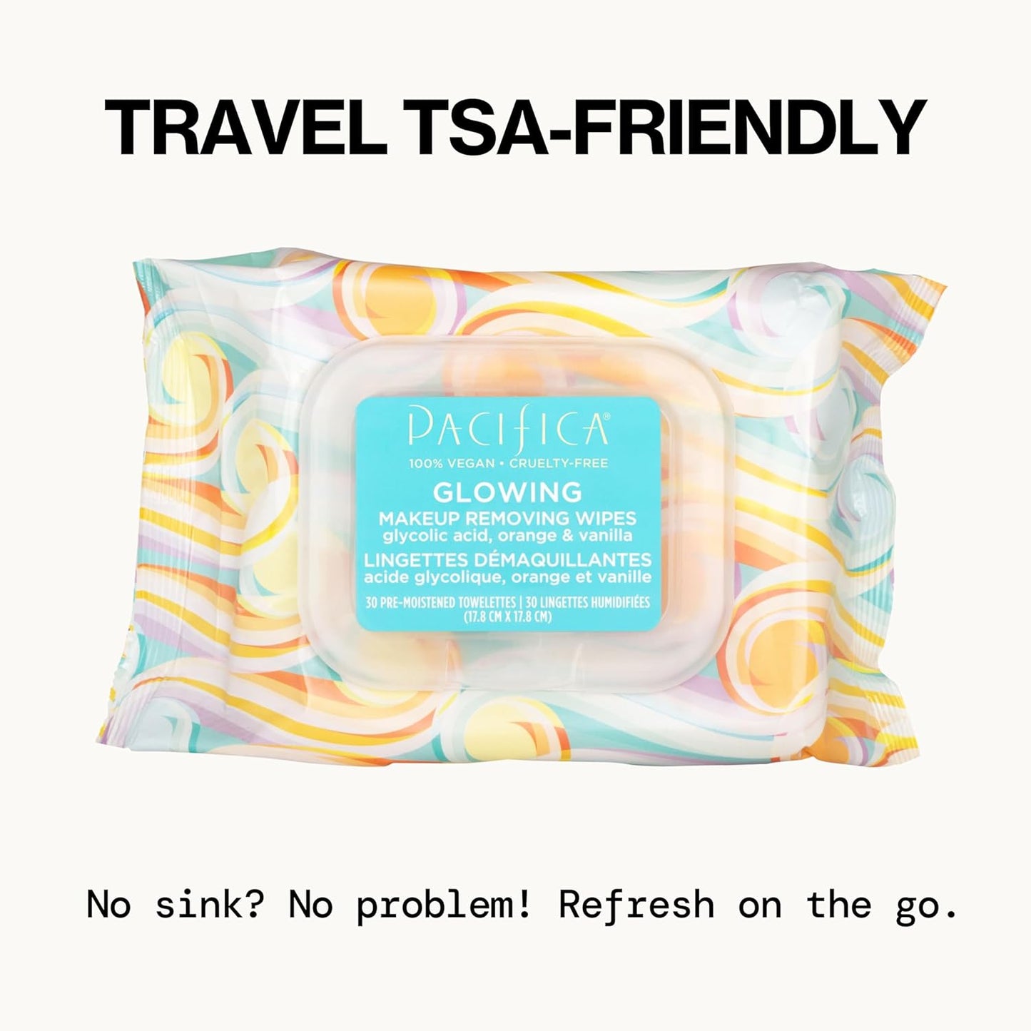 Pacifica Glowing Makeup Remover Wipes – With Glycolic Acid for AHA Exfoliating and Facial Cleansing – No Rinse Face Cleaning Towelettes – Dermatologist Tested, Vegan & Cruelty-Free – 30 Pack