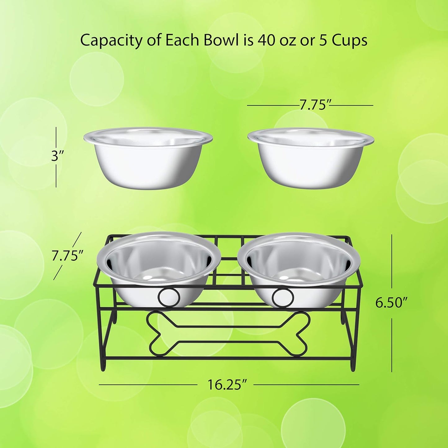 Set of 2 Stainless Steel Dog Bowls - 40oz Pet Bowls with Decorative Dog Food Stand - Metal Food and Water Dishes for Large Pets - Puppy Essentials by PETMAKER (Silver/Black)