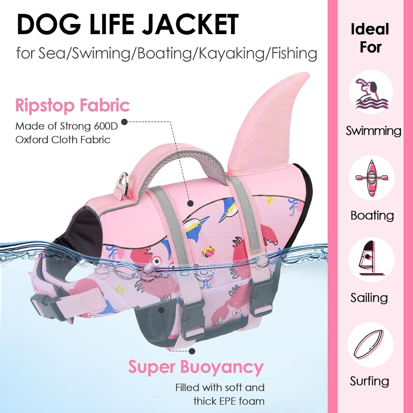 AOFITEE Dog Life Jacket, Dog Life Vest for Swimming, Shark Dogs Swimming Vest with Rescue Handle and Reflective Stripe, Ripstop Pet Float Coat Swimsuit Lifesaver Small Medium Large Dogs Pink S