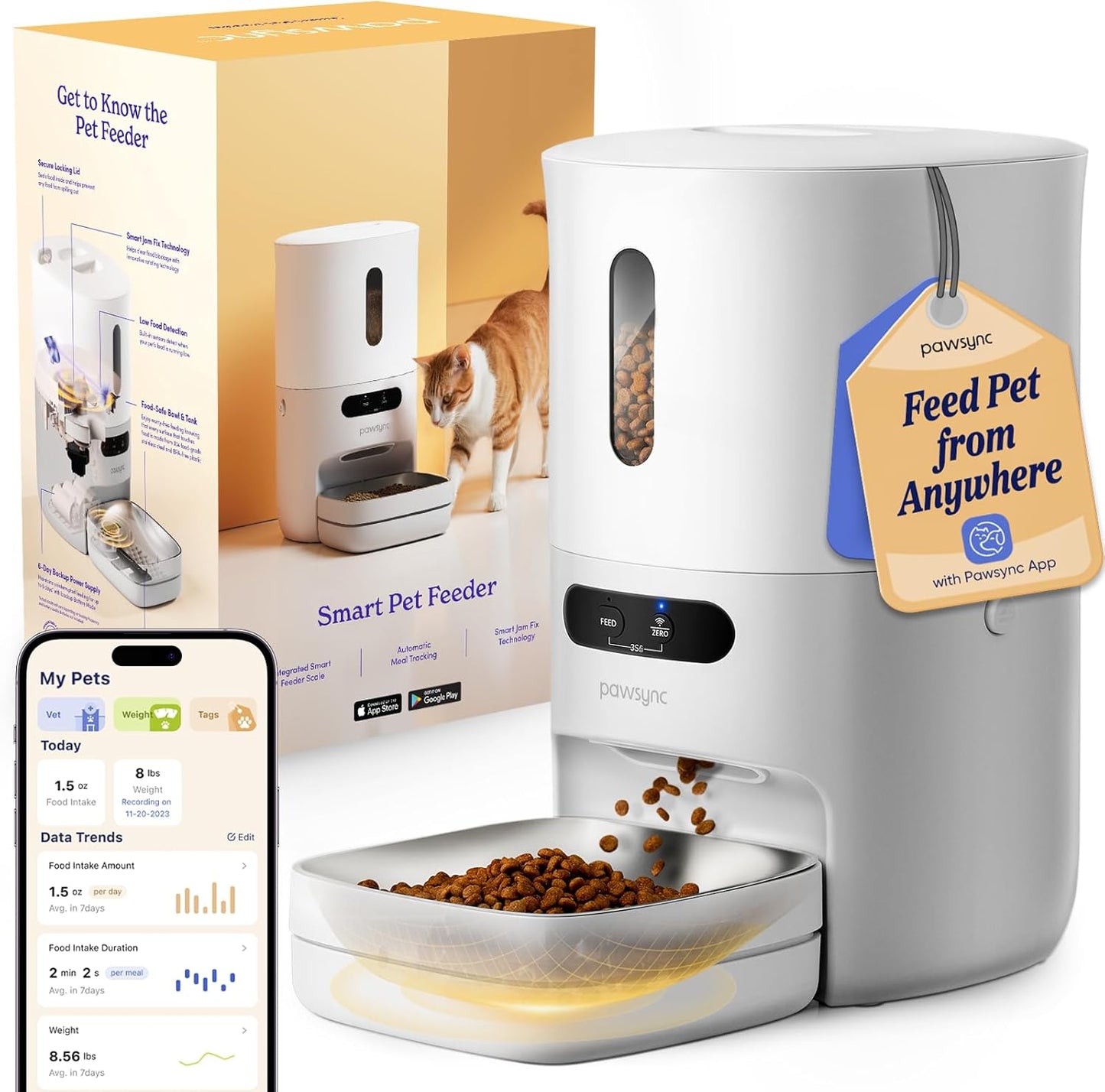 Automatic Cat Feeder, WiFi Smart Scale Tracks Pet's Food Intake, App Control, 3.6L Timed Food Dispenser for Cats and Dogs, Up to 10 Meals Per Day, Stainless Steel Bowl, Dual Power Supply