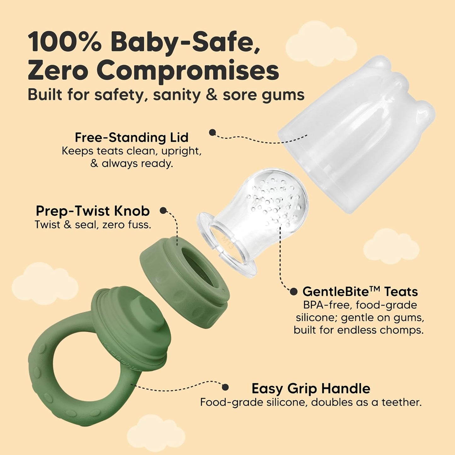 KeaBabies Baby Fruit Feeder 2pk - Silicone Baby Food Feeder for Babies 6-12 Months, Breast Milk Popsicle Teether, Weaning, Pacifier, Freeze Frozen Solid Food, Infant Feeding Essential (Slate)