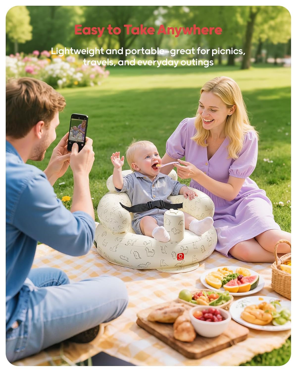 QPAU Inflatable Baby Seat with Safety Harness for Babies 3 Months & Up, Baby Floor Seats for Sitting Up, Baby Seats for Infants, Blow Up Baby Chair with Built in Air Pump (Dinosaur)