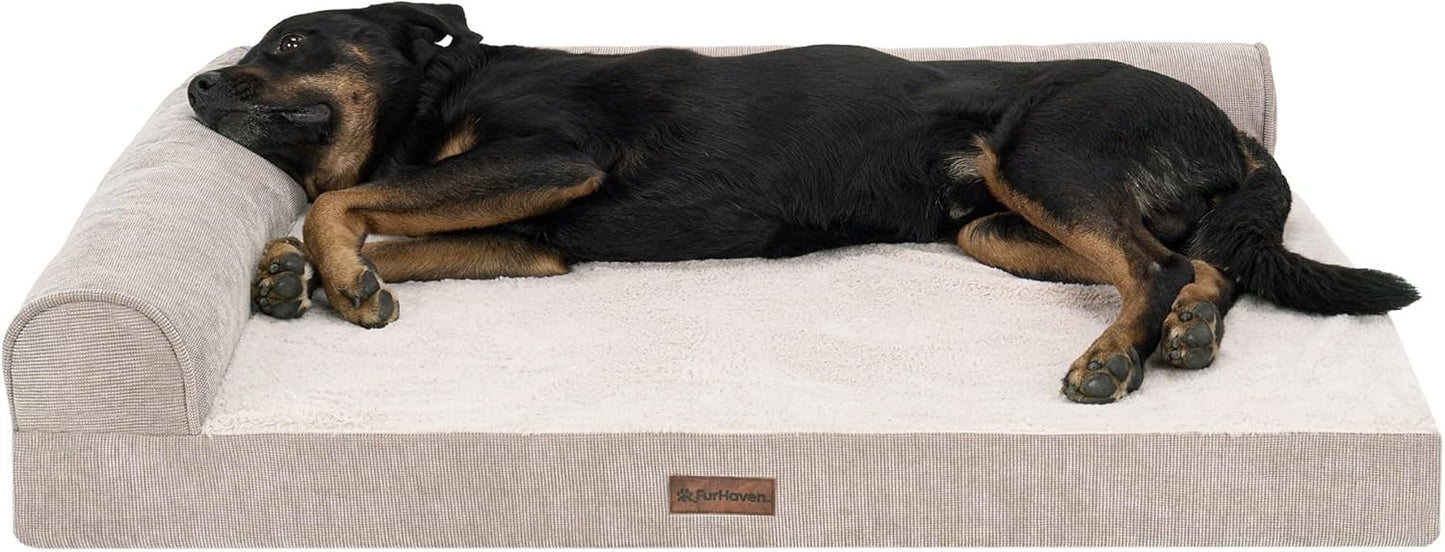 FurHaven Plush & Grid Cord Deluxe L-Chaise Pet Bed, Copper, Jumbo