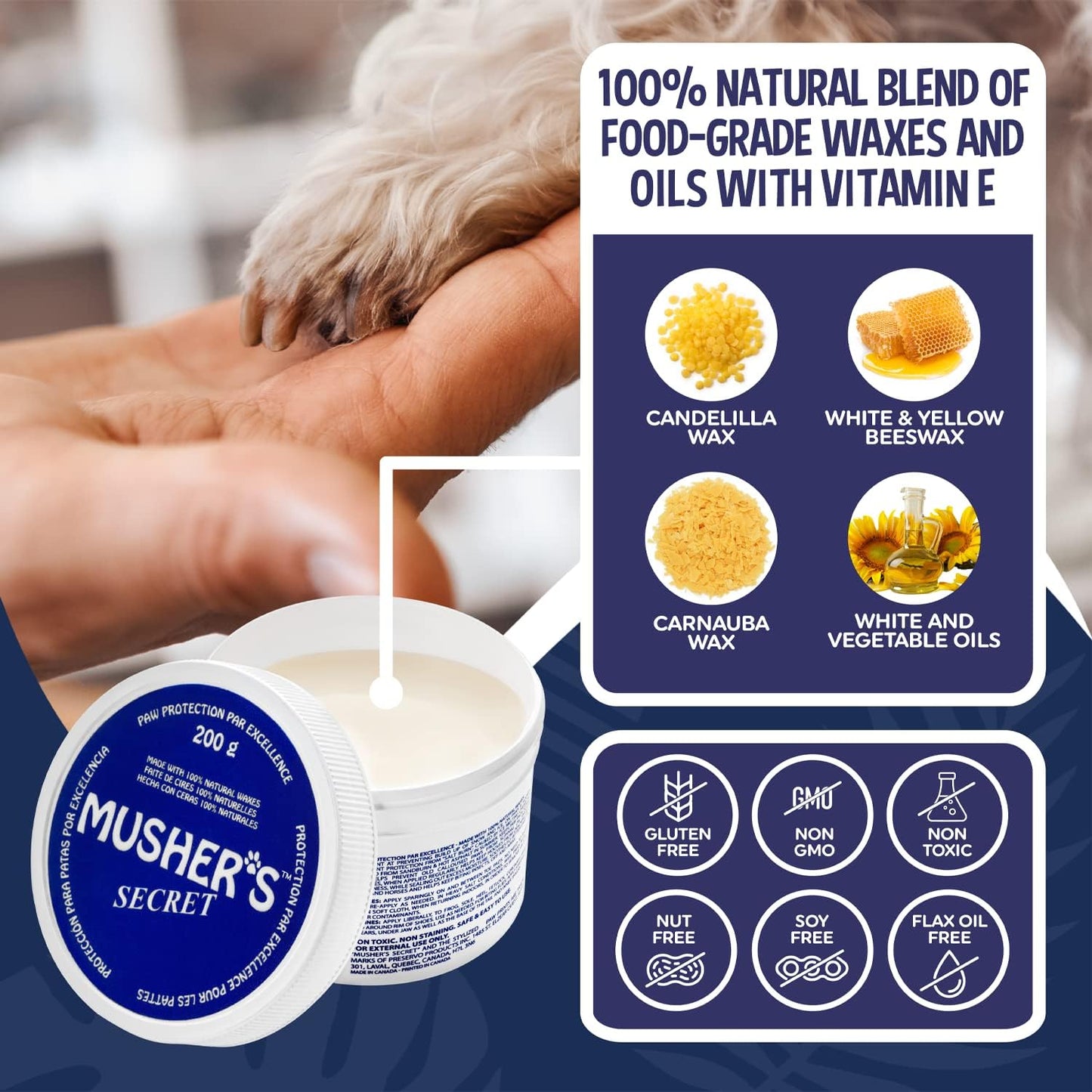 Musher’s Secret Dog Paw Wax 200g – Natural Paw Balm for Dogs with Vitamin E – Helps Protect Paws from Hot Pavement, Ice & Salt – Moisturizes Cracked Pads – Lick-Safe, Non-Toxic Dog Paw Protector