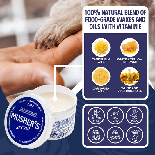 Musher’s Secret Dog Paw Wax 200g – Natural Paw Balm for Dogs with Vitamin E – Helps Protect Paws from Hot Pavement, Ice & Salt – Moisturizes Cracked Pads – Lick-Safe, Non-Toxic Dog Paw Protector