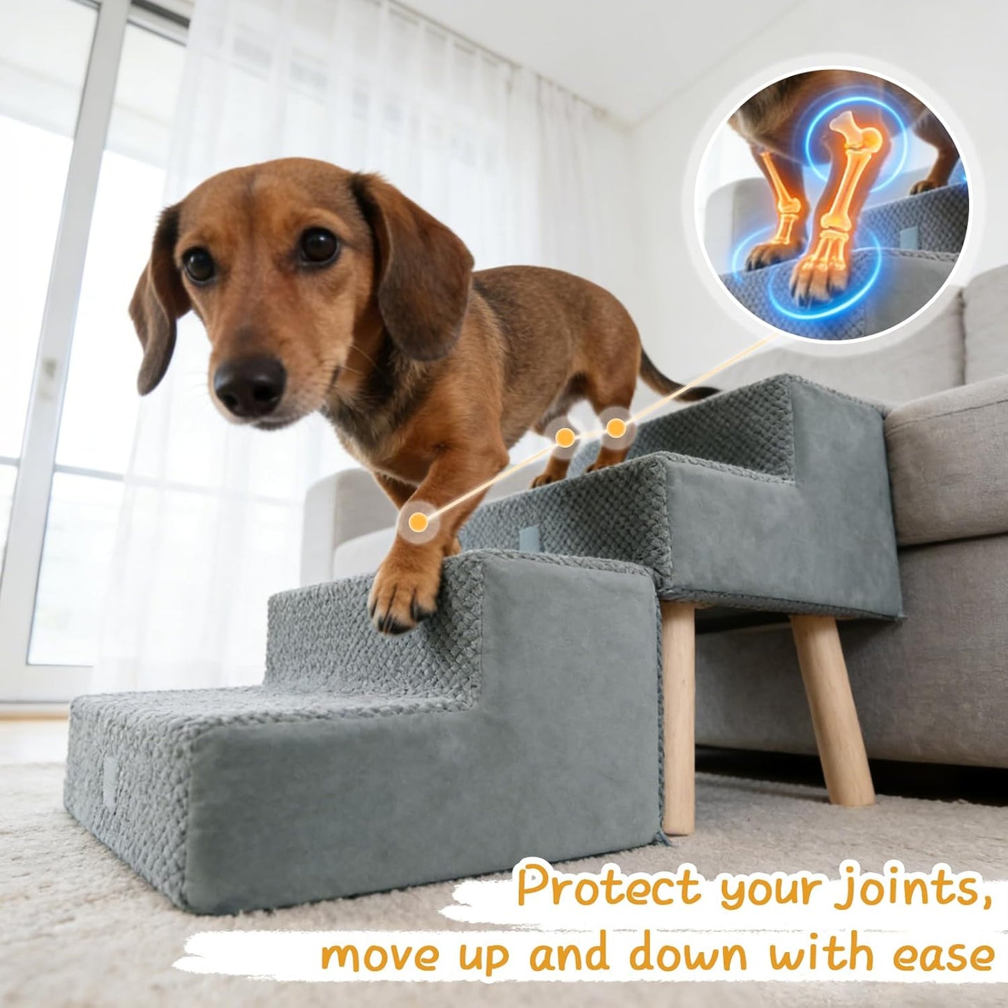 4-Step Dog Stairs for Small Dogs and Cats, 2-in-1 Foldable Wooden Dog Ramp for Couch Bed Sofa with Non-Slip Mat & Side Pockets, Split Ottoman Design, Grey