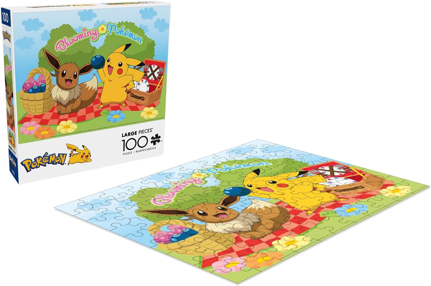 Buffalo Games - Pokemon - Blooming Pokemon (Pikachu and Eevee) - 100 Piece Jigsaw Puzzle for Families -Challenging Puzzle Perfect for Game Nights - Finished Size is 15.00 x 11.00