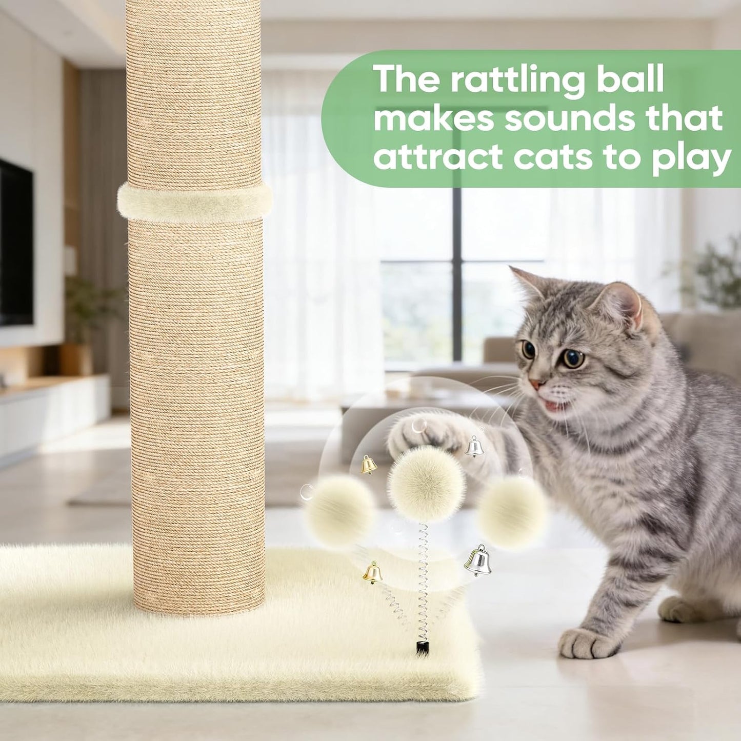 XiaZ Cat Scratching Post 34'' Tall, Cat Scratchers Tree Tower for Indoor Kitten with Extra Wide 15.8" Stable Base and 2 Toy Balls, Natural Sisal & Plush Fabric for Small, Medium Cats (Beige, 2.8in)