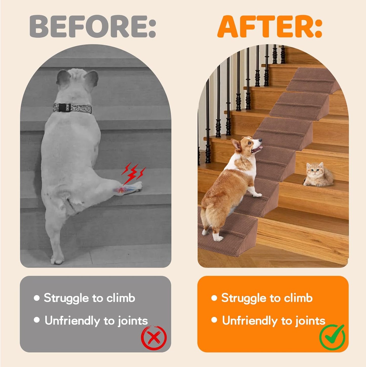 Upgrade Non-Slip Dog Ramps/Stairs for Staircase, Foam Dog Ramps for Stairs Inside House, Foam Pet Ramps for Small Dogs, Stair Ramp for Injured Dogs Cats with Self-Sticky Pads to Fix, 6 Pack