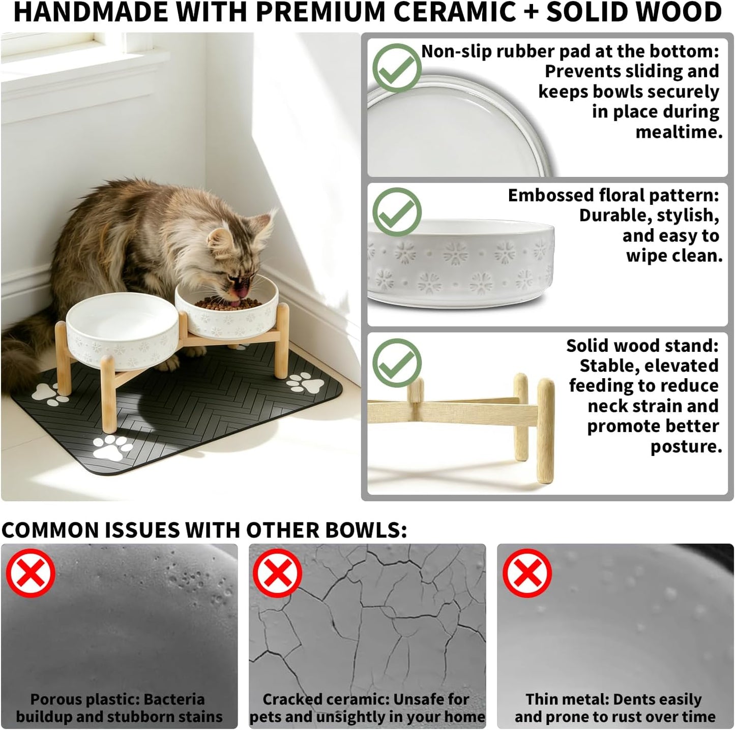 Raised Ceramic Pet Bowls Set with Wooden Stand & Waterproof Mat, 16oz Anti-Vomit Whisker-Friendly Bowls for Cats & Small to Medium Dogs, Non-Slip Stable Design