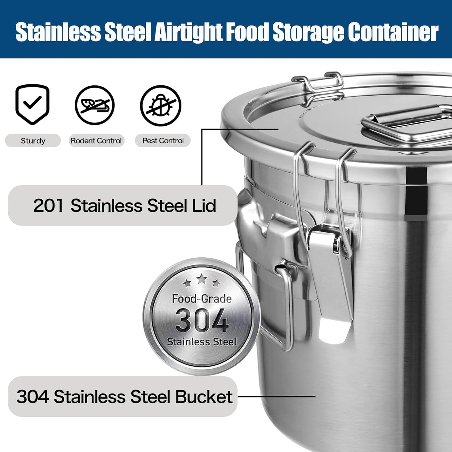 304 Stainless Steel Dog Food Storage Containers with Airtight Lid and Locking Clamp, Fits up to 12Lbs, Large Pet Food Storage Container Metal Pet Food Bin for Dogs, Cats & Birds Seed, Keep Fresh