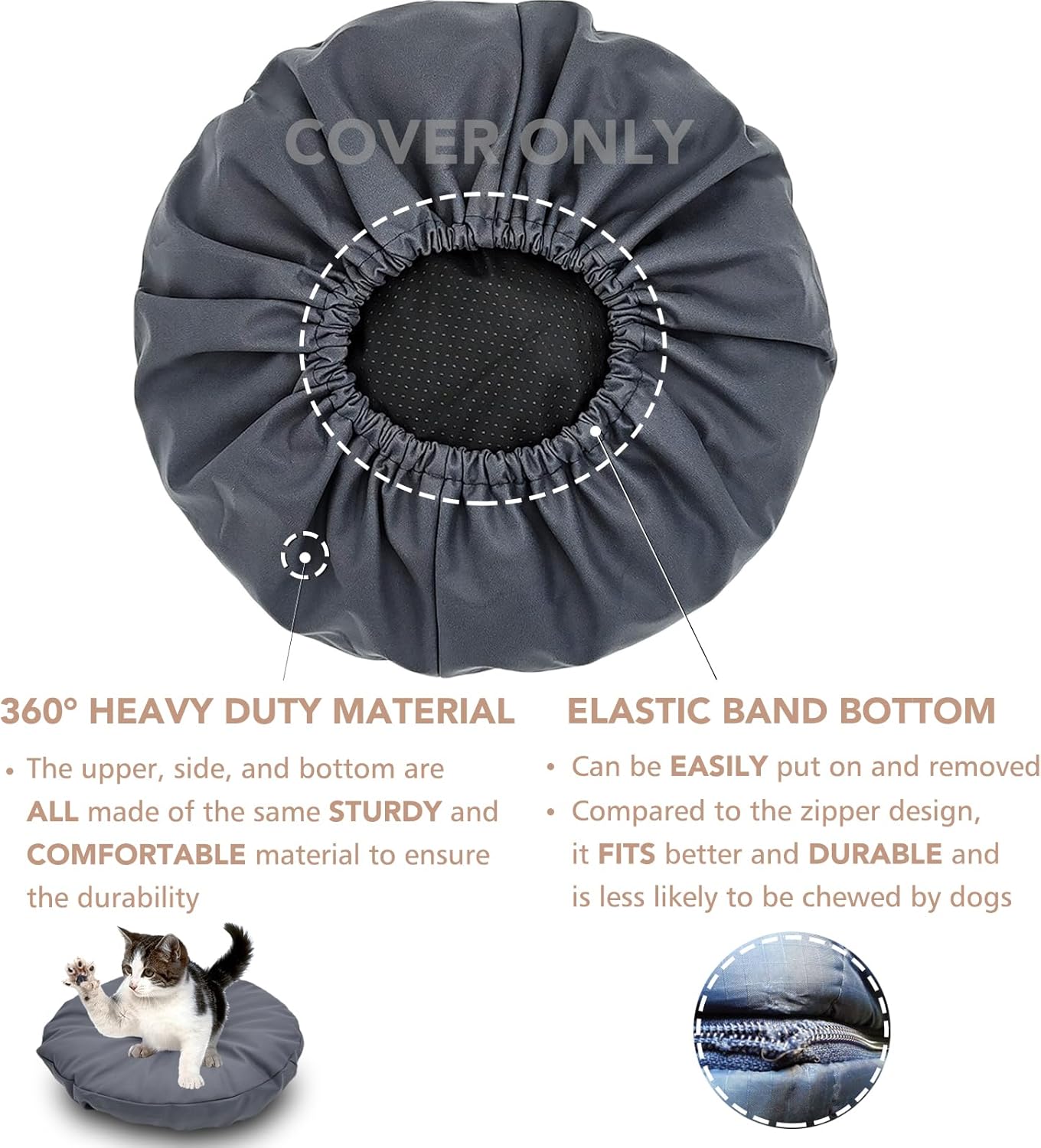 Dog Bed Cover Waterproof Machine Washable Replacement Mattress Protector Pet Bed Round 36x36 Inch Grey Polyester