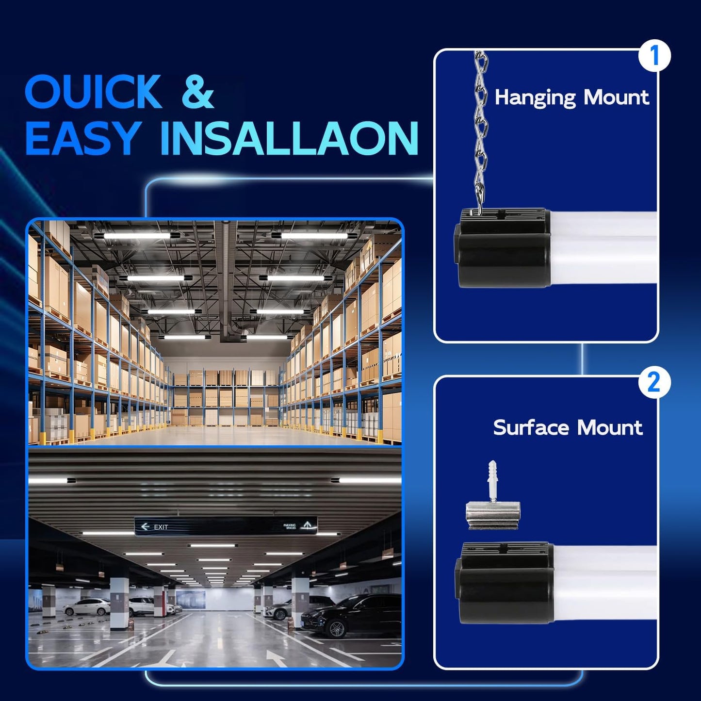 hykolity 4 Pack Linkable LED Shop Light, 4FT 42W [250W Equivalent], 4400lm, 5000K Daylight, with Plug, Utility Light Fixture, Hanging or Surface Mount, Black