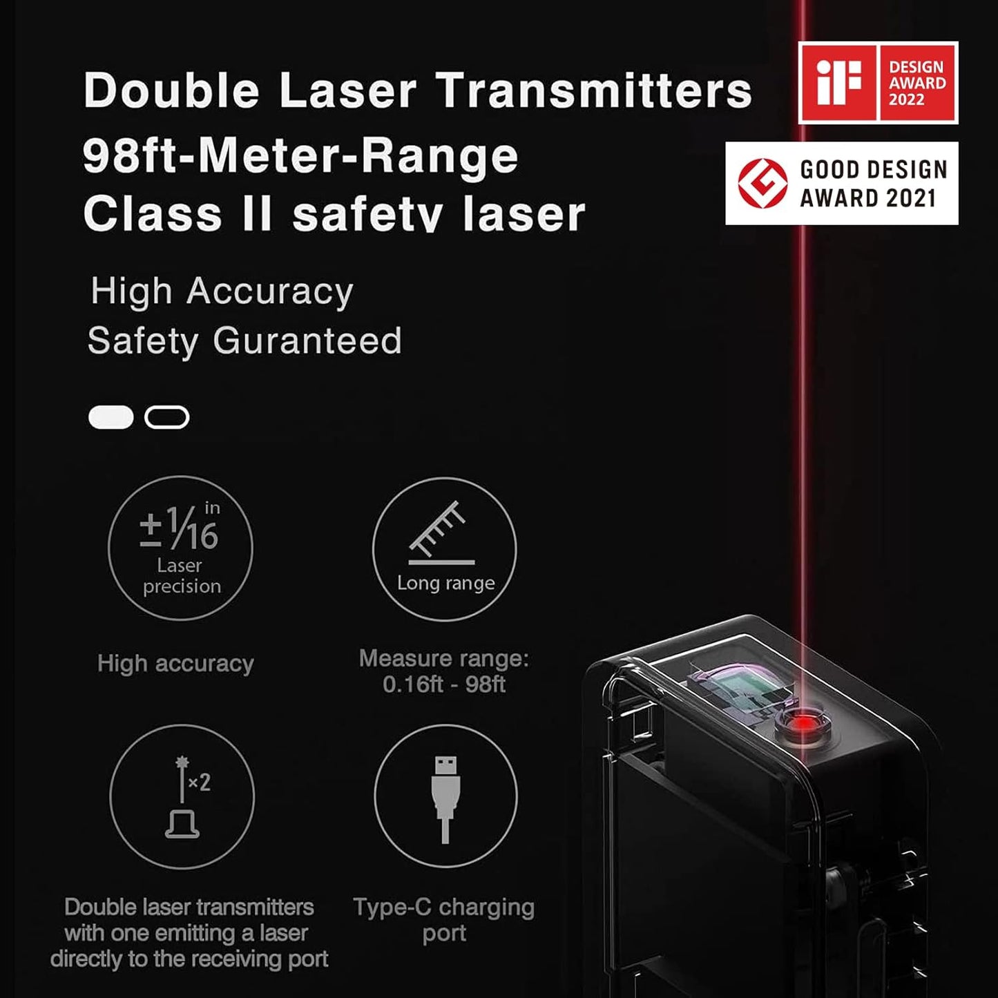 HOTO Laser Measuring Tool, Gifts for Men, Pocket-Size 98Ft Digital Laser Tape Measure ±2mm Accuracy, USB-C Rechargeable, OLED Display, Ft/M/in Unit Switch, Real-time Data Sync, Cool Gadgets & Home Use