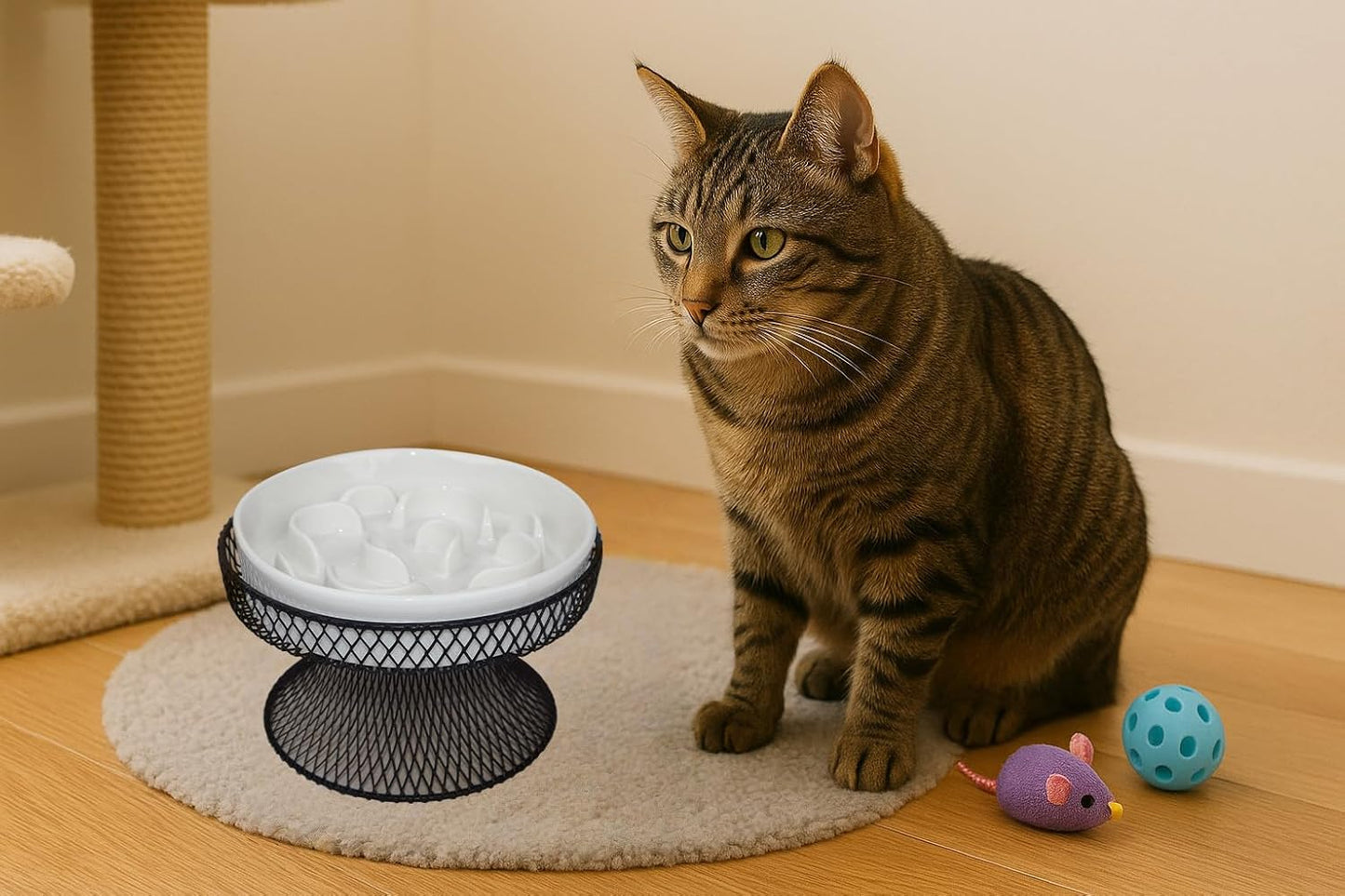 2PCS Raised Ceramic Cat Slow Feeder Bowl Elevated Food Bowl with Stand, Cat Slow Bowl for Wet Food and Dry Food,Slow Down Eating Speed, Whisker Friendly Pet Puzzle Feeder for Kitten and Small Dog