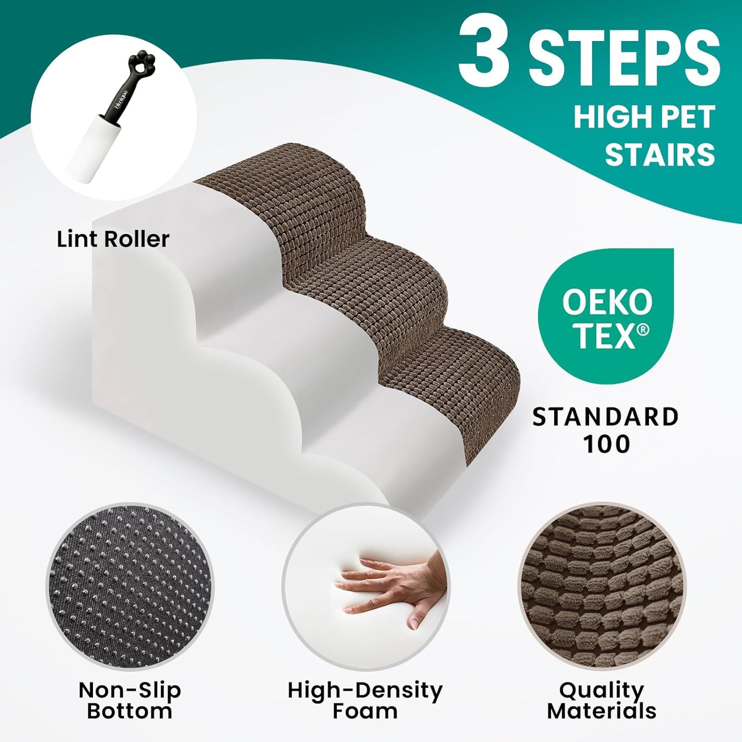 Dog Stairs for Bed 15.8'' H, 3 Step Dog Ramp for Small Dogs and Cats, Curved Dogs Steps for Sofa Couch or Chair, Portable Pet Stairs for High Bed Climbing, Non-Slip Balanced Pet Step Indoor, Brown