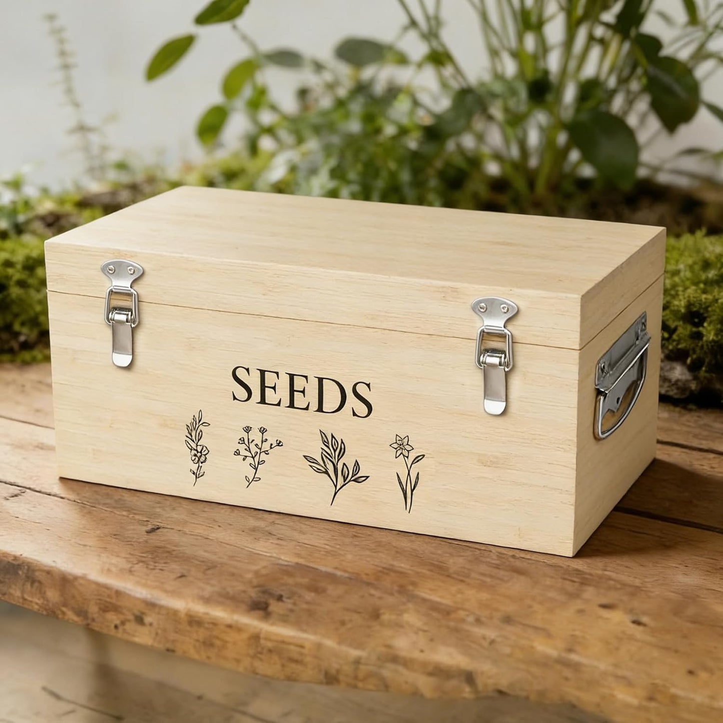Bamboo Seed Storage Organizer, Large Garden Seed Organizer with Lid & Safety Lock & Handles, Seed Box Storage Organizer Includes Seed Envelopes and Labels etc, Great Gifts Gardening Kit (Wood)