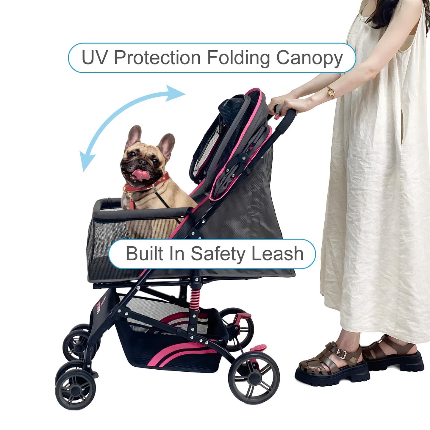 27.2” Buddy Buggies Foldable Pet Stroller - Shock Absorbing Frame with Storage - Machine Washable Fabric - Durable Mesh & UV Protected Retractable Canopy - Cat & Dog Stroller Up to 60lb