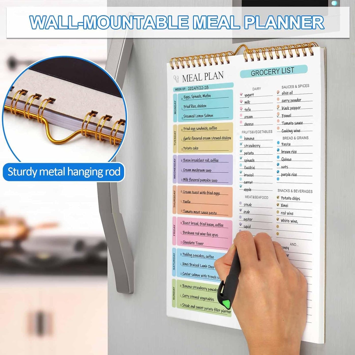 Joyberg Weekly Meal Planner Notebook 8.5x11”, 50 Sheets Weekly Meal Planner Magnetic, Double Helix Meal Planner and Grocery List, Wall-Mountable Menu Planner for Fridge Notepad for Daily & Plan