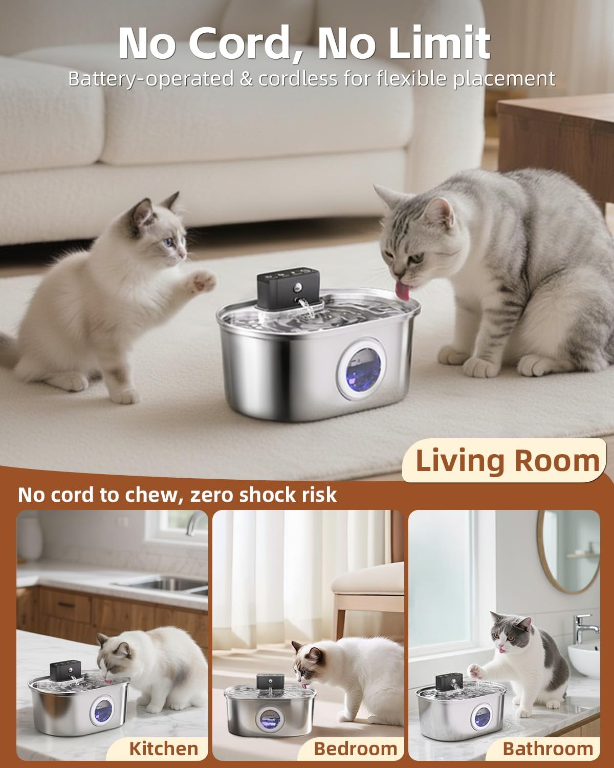 Cat Water Fountain Cordless, Stainless Steel Pet Water Fountain Wireless – 3.2L/108oz Battery Operated Automatic Water Dispenser for Cats Indoor, with Motion Sensor & Quiet Pump (4 Filter & Sponge)