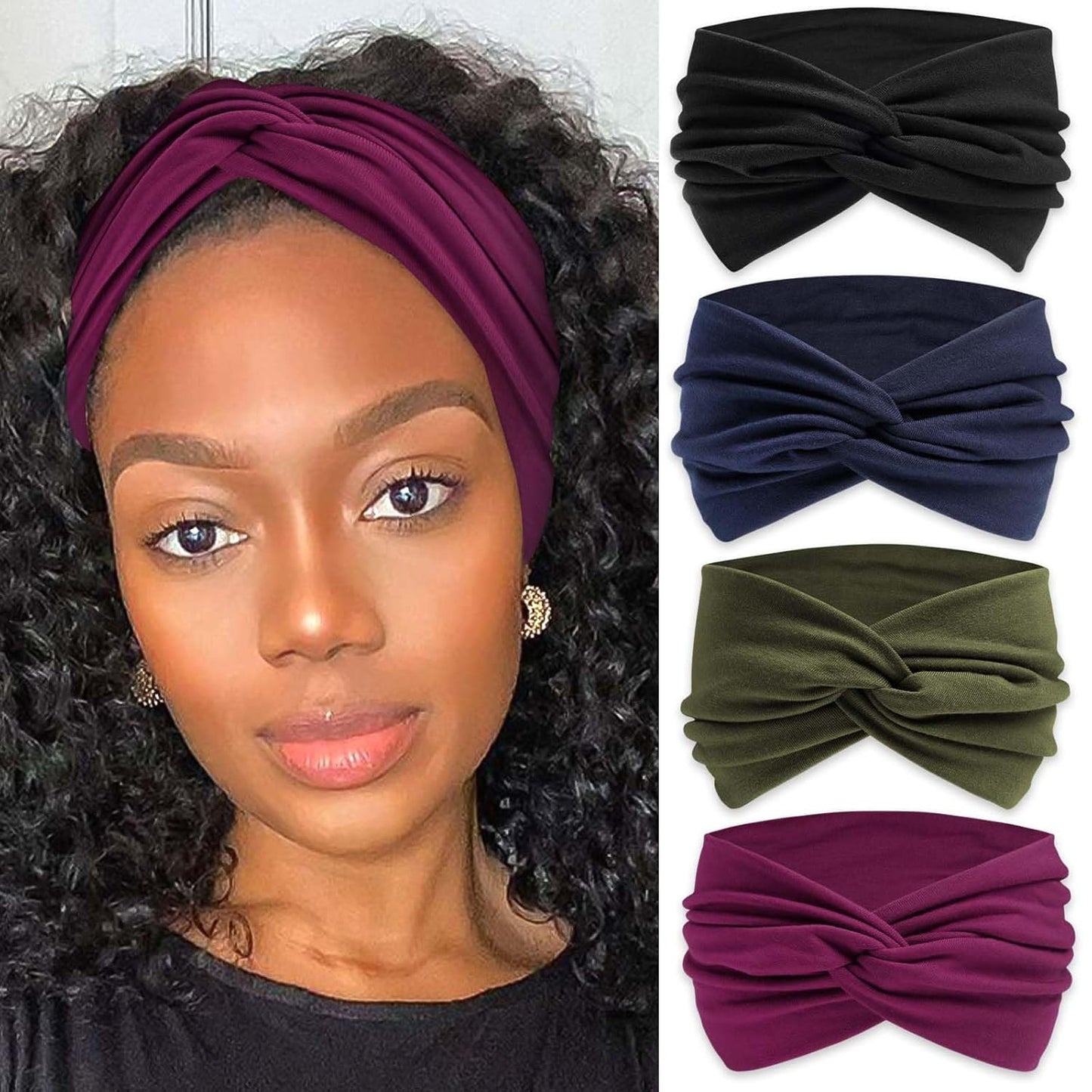 Bandana Headbands for Women Wide Boho Headband Solid Color Knotted Turban Head Bands Soft Hair Wraps Black Head Scarf Fashion Turban Hairband Cute Scarf Headband For Women’s Hair Accessories
