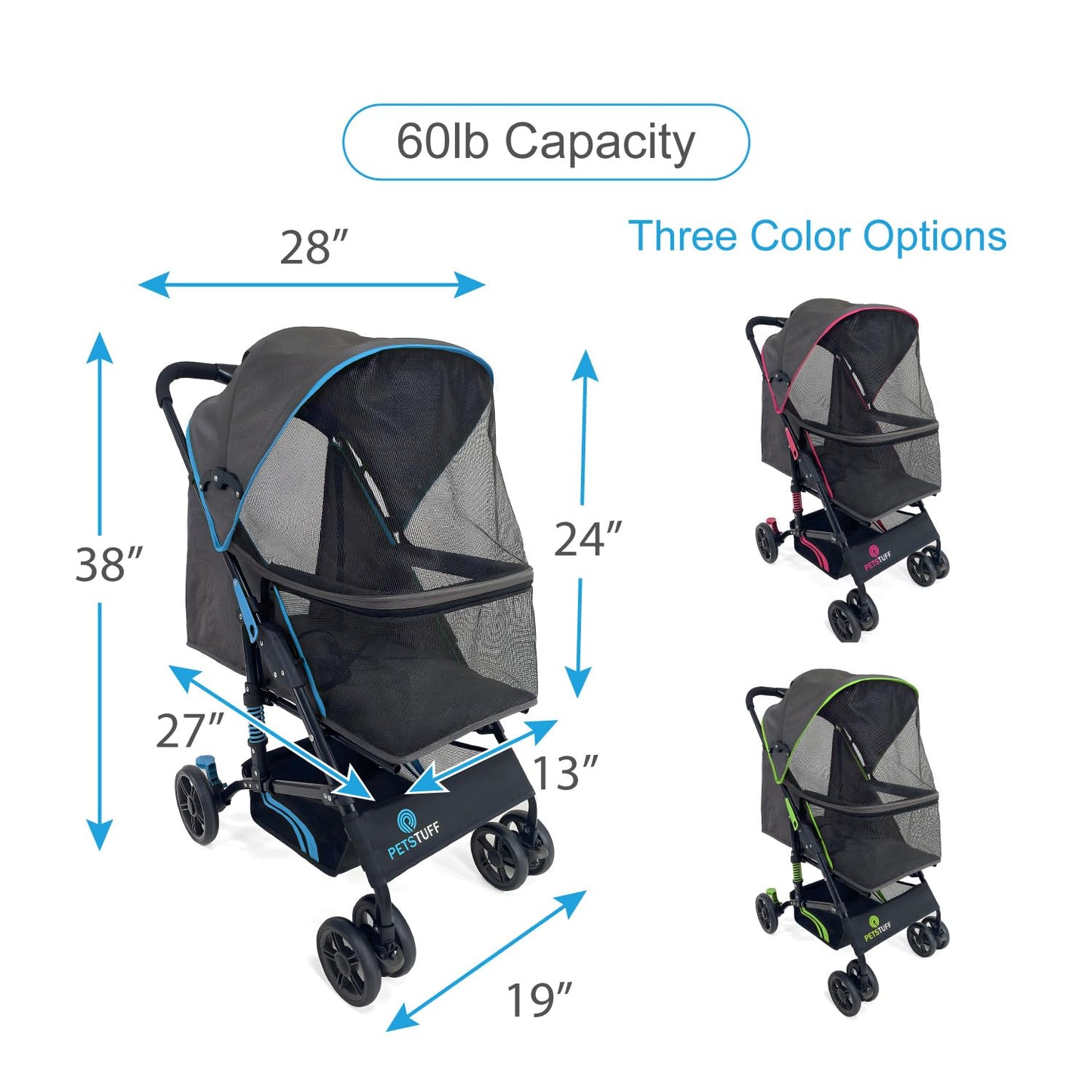 27.2” Buddy Buggies Foldable Pet Stroller - Shock Absorbing Frame with Storage - Machine Washable Fabric - Durable Mesh & UV Protected Retractable Canopy - Cat & Dog Stroller Up to 60lb