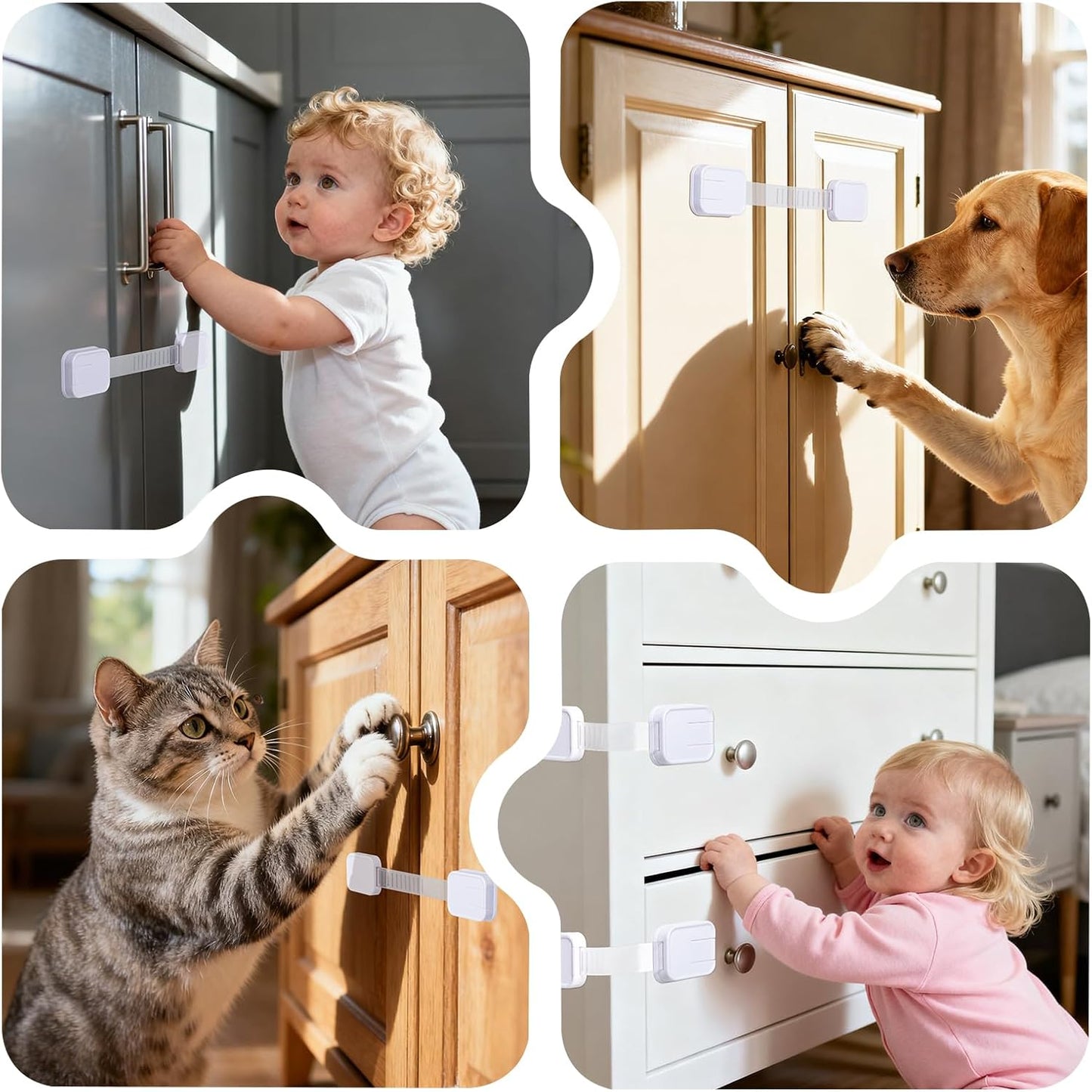 6-Pack Adhesive Baby proofing Strap Locks, Child Proof Cabinet Latches for Drawers, Microwave, Oven, Trash Can, Refrigerator, Toilet Lid, Adjustable No Drilling Need