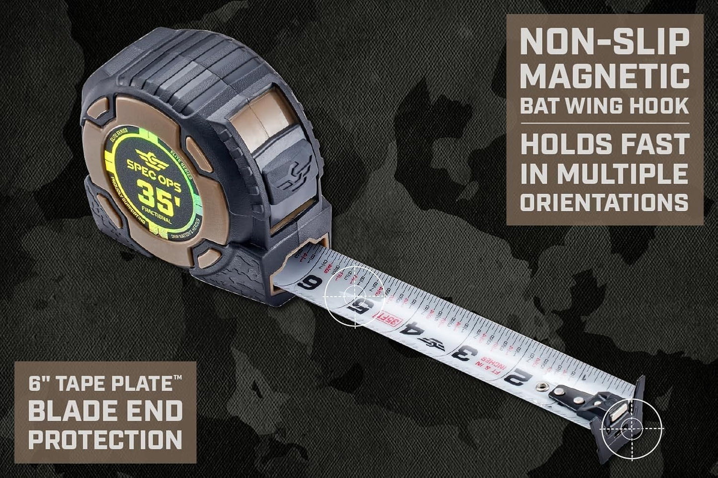 Spec Ops Tools 35-Foot Elite Series Magnetic Tape Measure, 1 1/4" Double-Sided Blade, Includes Fractional Markings, 12 Feet of Stand Out, Military-Grade Composite Case, 3% Donated to Veterans
