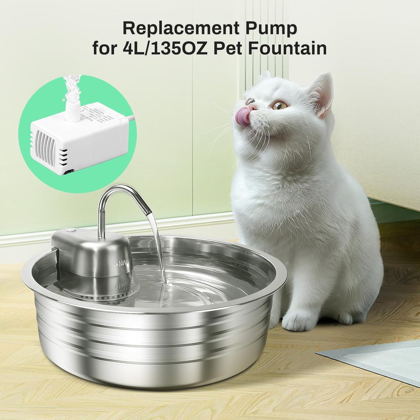 Cat Water Fountain Pump, JY-200S Replacement Pump for Stainless Steel Pet Fountain Adjustable Water Flow Dispenser, Ultra Quiet Pump with Submersible Motor for Dog Drinking Bowl, Low Consumption