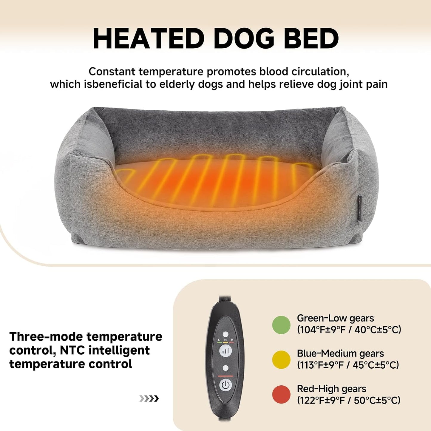 Heated Dog Bed with Auto Sensing Heated pad, 3-Temperature Settings & Chew-Resistant Cord - 33x25 Inch Luxury Sofa-Style Heated Pad for Large Dogs