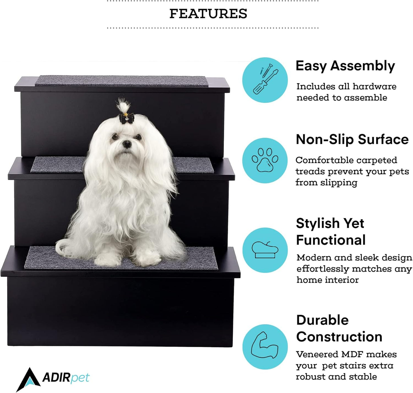 AdirPets Deluxe 3-Step Pet Stairs with Non-Slip Surface and Carpeted Treads - Sleek Pet Steps for Small Dogs, Cats, Elderly or Disabled Pets - Supports Up to 175lbs Weight - Black