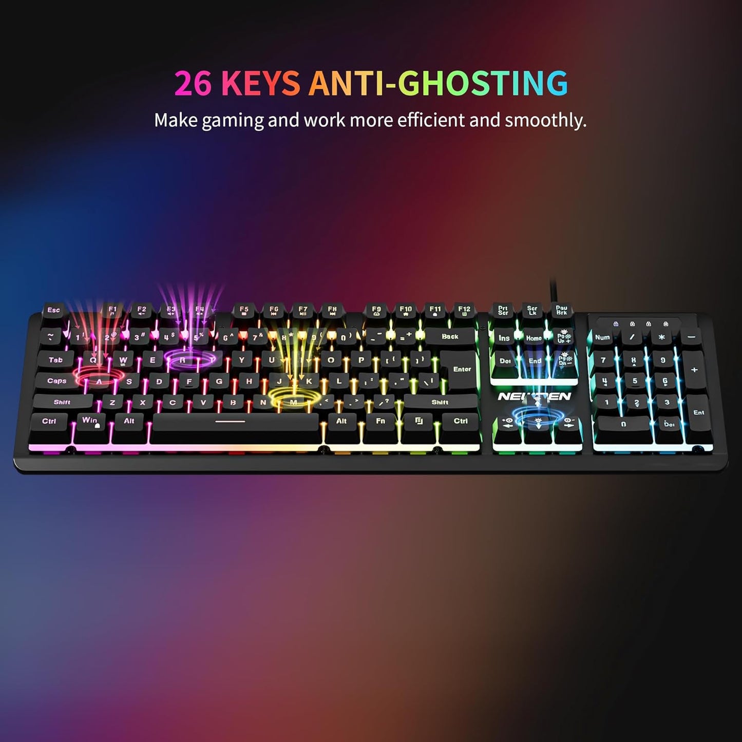 Newmen GM104 Wired Gaming Keyboard and Mouse Combo,USB RGB Backlit Mechanical Feel 26-Key Anti-Ghosting Computer Gaming Keyboards,Colorful Breathing Backlit Gaming Mouse,for PC Gamer Office,Black