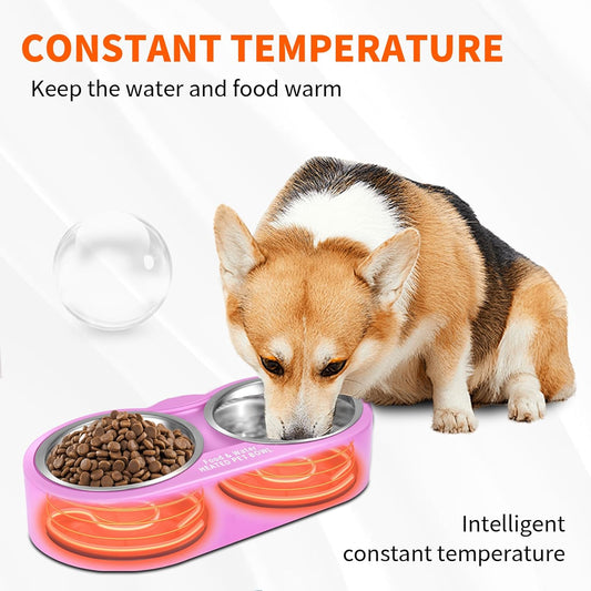 Heated Water Bowl for Dog & Cat, Outdoor Indoor Heated Pet Bowl with 2 Stainless Steel Bowl 48 OZ Large Capacity Provide Non Freezing Water & Food in Winter Double Heated Sink