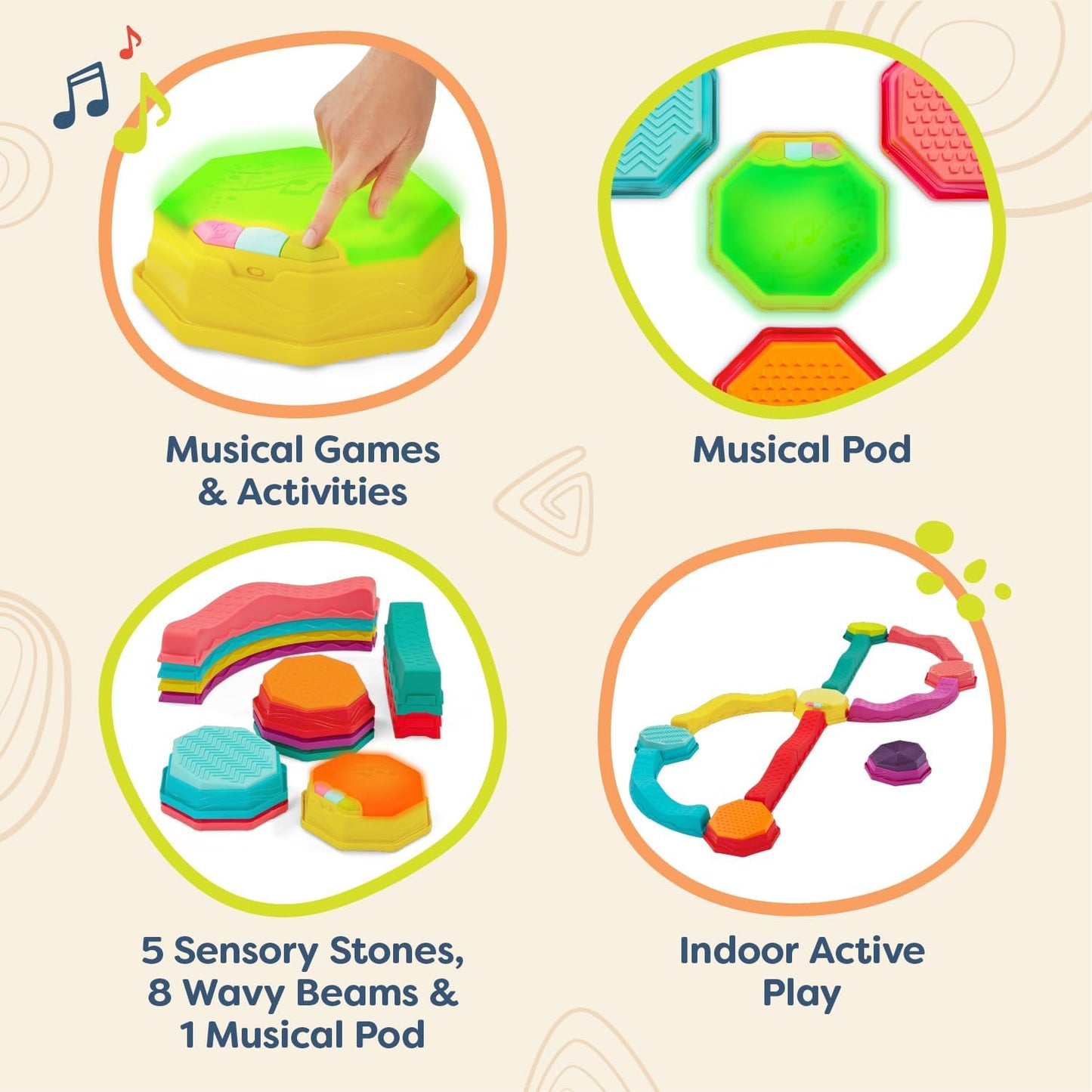 B. toys - Balance & Groove Set - Balance Beam for Kids - Musical Games & Activities - 5 Sensory Stones, 8 Wavy Beams & 1 Musical Pod - Indoor Active Play - 3 Years +