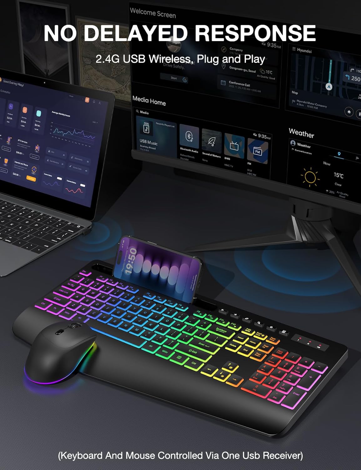 Wireless Keyboard and Mouse Combo - 9 Backlit Effects, RGB, Ergo Wrist Rest, Phone Holder, 2.4G Full Size, Rechargeable, Sleep Mode, KM22 MAX Quiet Set for Computer, PC, Laptop, Mac, Windows- SABLUTE