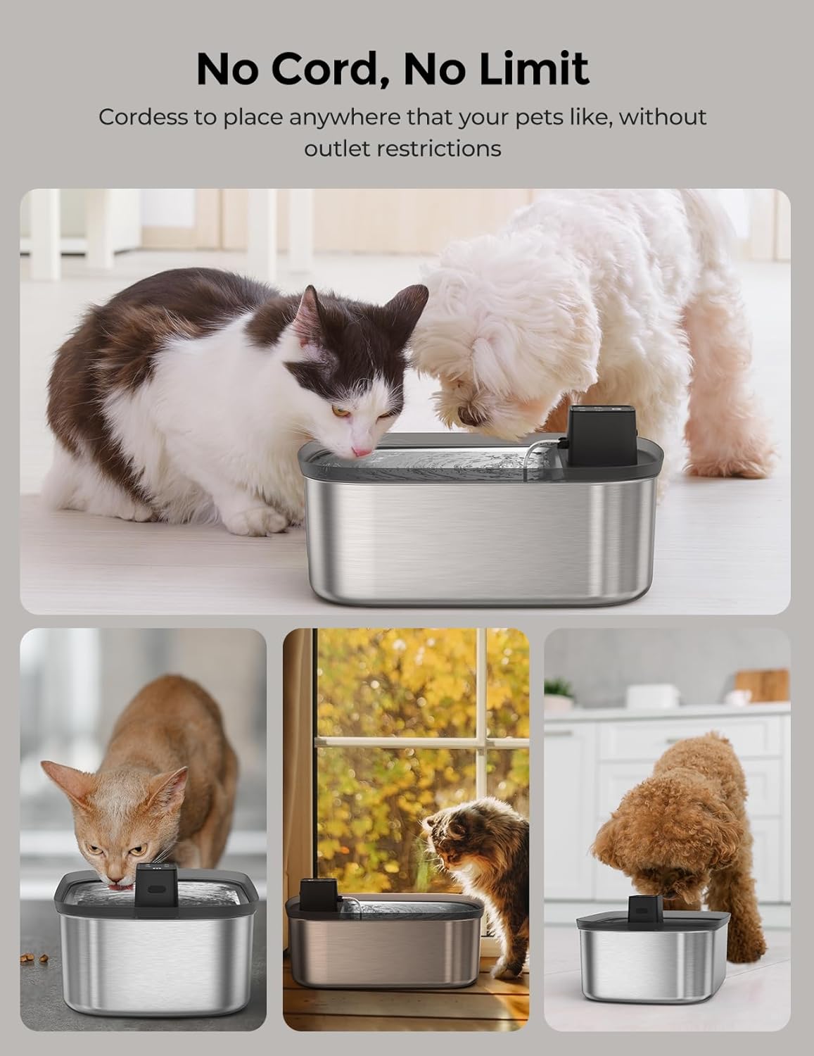 Wireless 7.5l/254oz/2Gal Dog Water Fountain for Large Dogs Stainless Steel, Quiet Pet & Cat Water Fountain with Motion Sensor, Automatic Water Dispenser for Dogs&Multi-Pet Homes with 6psc Filter
