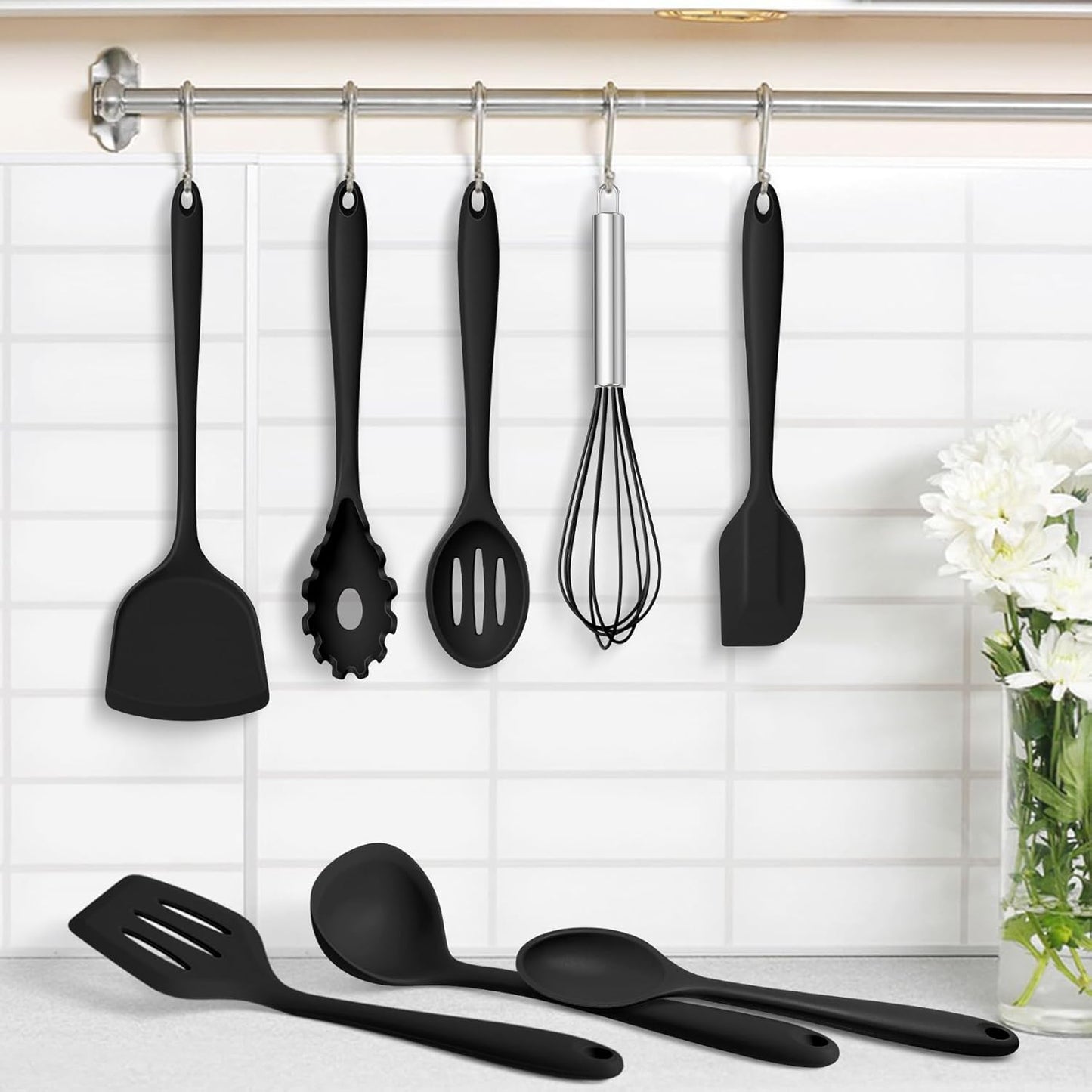 TeamFar 8 PCS Silicone Cooking Utensils - 446°F Heat Resistant Kitchen Silicon Utensils Set, Turner, Spatula, Spoon, Whisk, Kitchen Cooking Gadgets Tools for Nonstick Cookware, Dishwasher Safe-Black