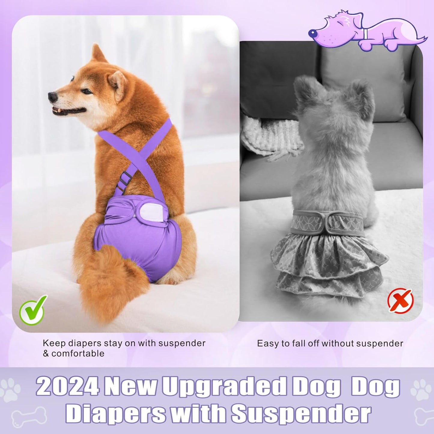 Idepet Female Dog Diapers with Suspender 3 Pack Washable Reusable Doggie Diapers for Small Medium Female Dog in Heat Period Cycle Urinary Incontinence Training, Black+Red+Purple S