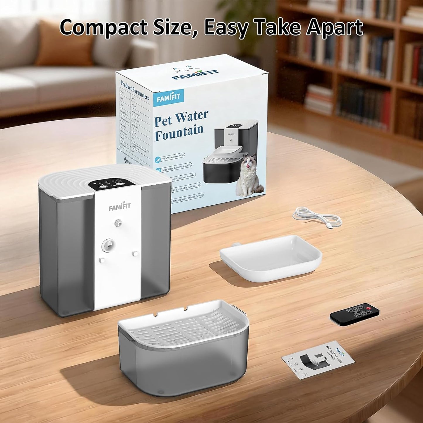 [New Upgrade] Famifit 4.5L+2L Automatic Cat Water Fountain (Non-Heated), 2000mAh Battery, Timed 3/6/9H & 80/100/120ml Control, Clean Water System, No Filter, Ceramic Bowl, Ultra Quiet