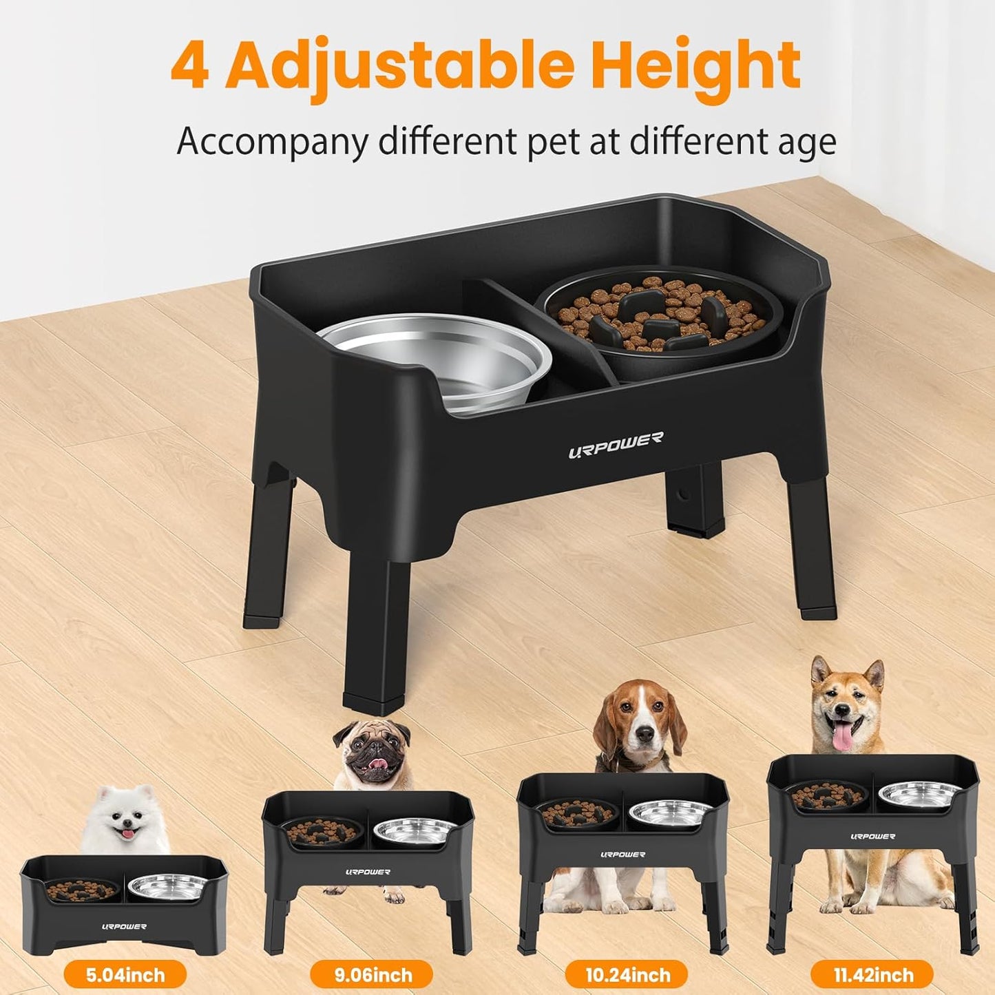 URPOWER 3-in-1 Elevated Dog Bowls - Mess Proof 4 Height Adjustable Raised Stand with 2 Stainless Steel Food Bowls for Small, Medium Dogs