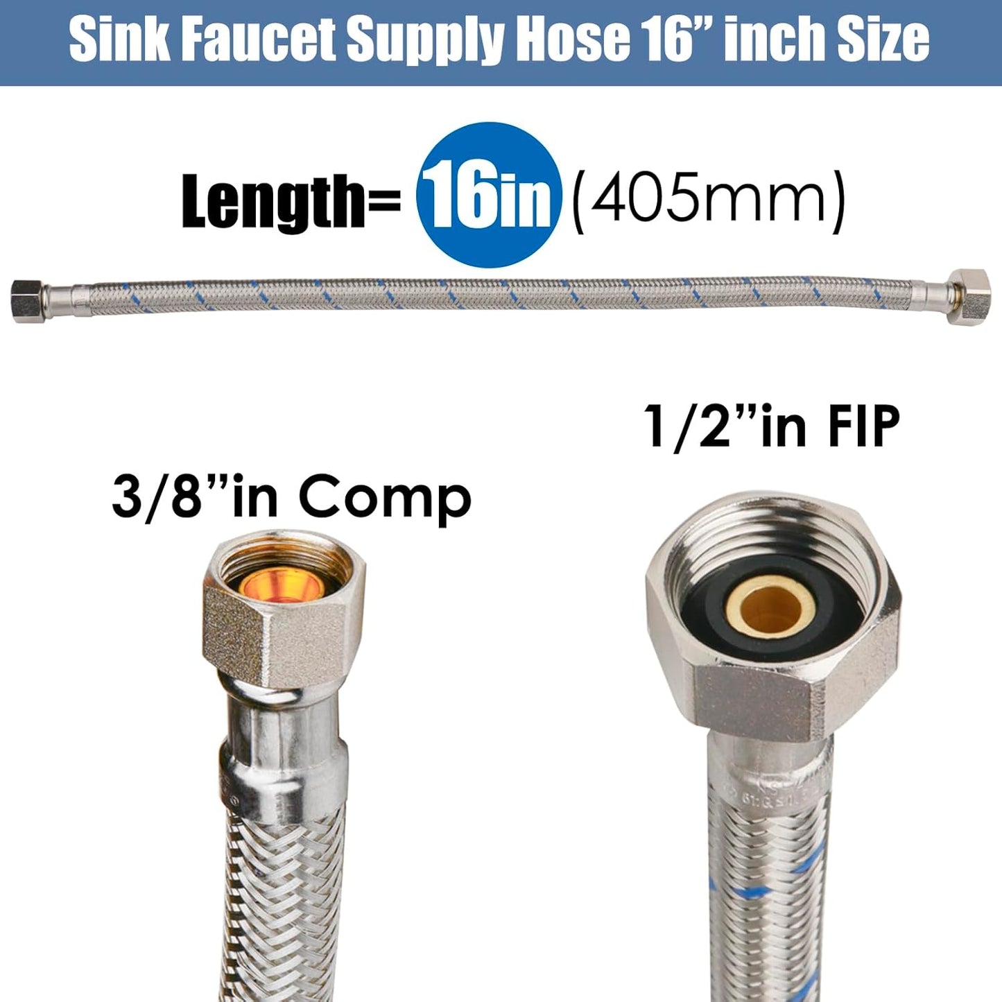 WHK 8 Packs 16 inch Faucet Hose Connector 3/8" Comp x 1/2" FIP Water Faucet Supply Lines,Stainless Steel Braided Plumbing Supply Line For Bathroom Kitchen(Certified Safe)