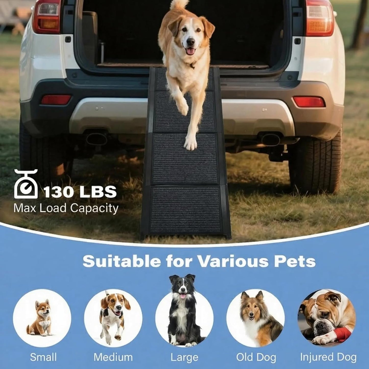 Dog Ramp for Car, SUV & Truck - 63" Long & 17" Wide Portable Folding Pet Ramp with Non-Slip Rug Surface, for Large Dogs Up to 250LBS