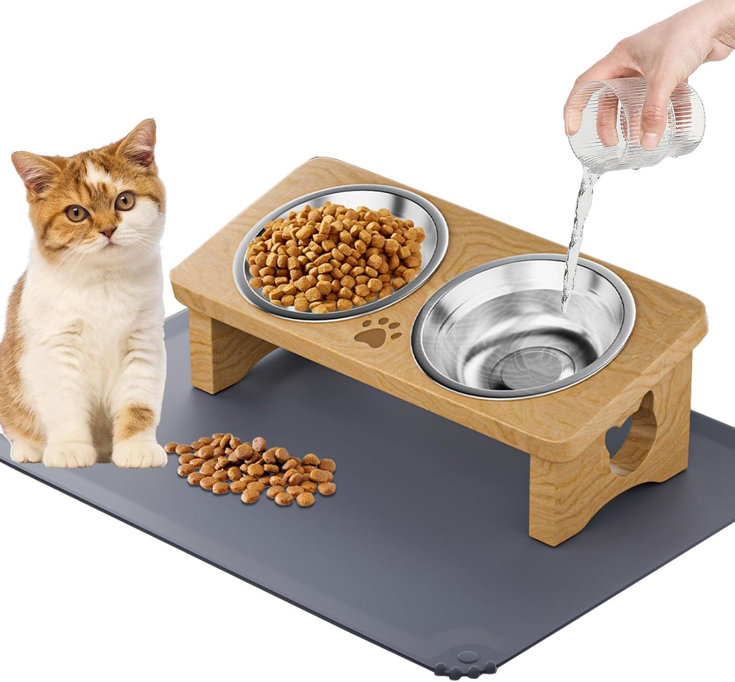 Elevated Cat Bowls with Silicone Mat, 15° Tilted Solid Wood Stand, Raised Stainless Steel Food & Water Dishes for Cats and Small Dogs, Anti-Vomiting Design(Natural)